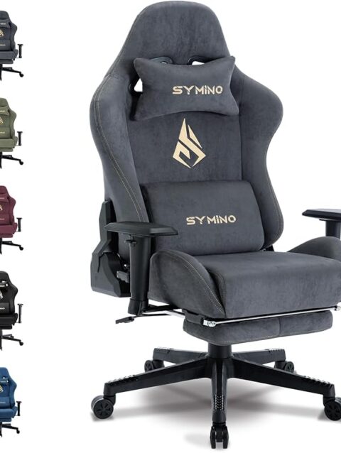 Symino Gaming Chair, Computer Chair with Footrest, Headrest and Lumbar Support, Ergonomic PC Chair, Height Adjustable Rotating Task Chairs, Gray