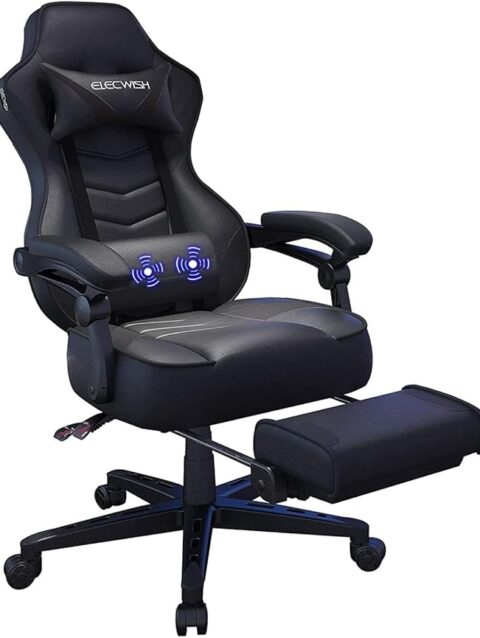 Fullwatt Racing Gaming Chair for adults with Footrest and Massage Lumbar Pillow, Swivel Height Adjustable Reclining PU Leather Video Game Chair, E-Sports Gaming Chair Big and Tall(Black)