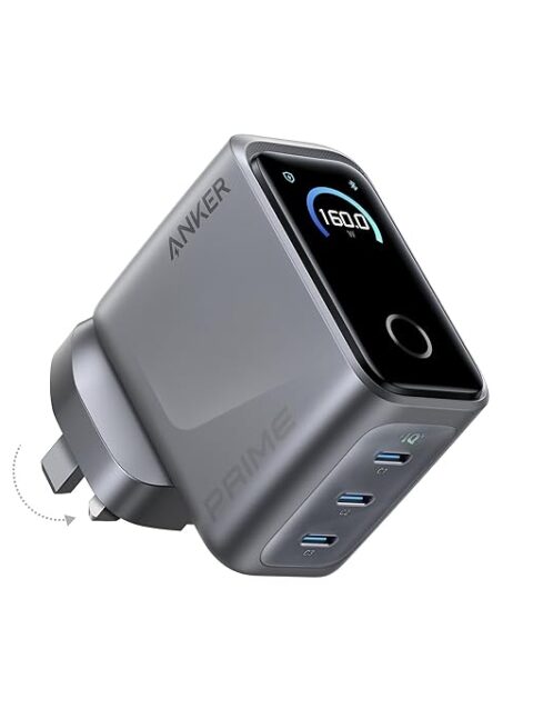 Anker Prime 160W USB C Charger, 3-Port Compact GaN Laptop Charger, Smart Display and Touch Control, Ultra Fast 140W Charging at 1 Port, for MacBook Pro, Laptop, iPhone 17/16/15 Series and More