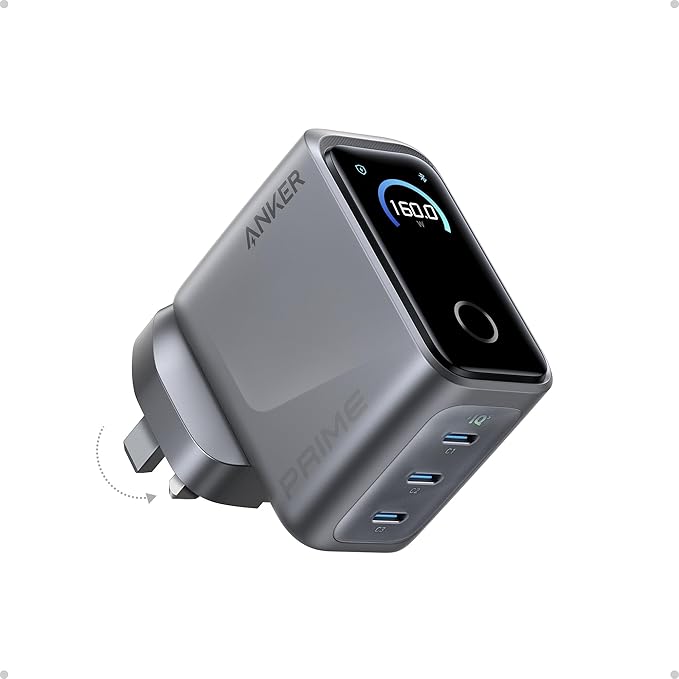 Anker Prime 160W USB C Charger, 3-Port Compact GaN Laptop Charger, Smart Display and Touch Control, Ultra Fast 140W Charging at 1 Port, for MacBook Pro, Laptop, iPhone 17/16/15 Series and More