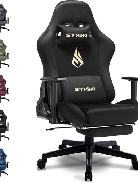 Symino Gaming Chair, Computer Chair with Footrest, Headrest and Lumbar Support, Ergonomic PC Chair, Height Adjustable Rotating Task Chairs, Black