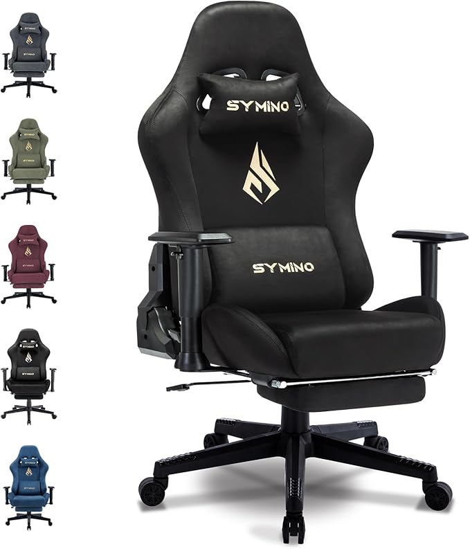 Symino Gaming Chair, Computer Chair with Footrest, Headrest and Lumbar Support, Ergonomic PC Chair, Height Adjustable Rotating Task Chairs, Black