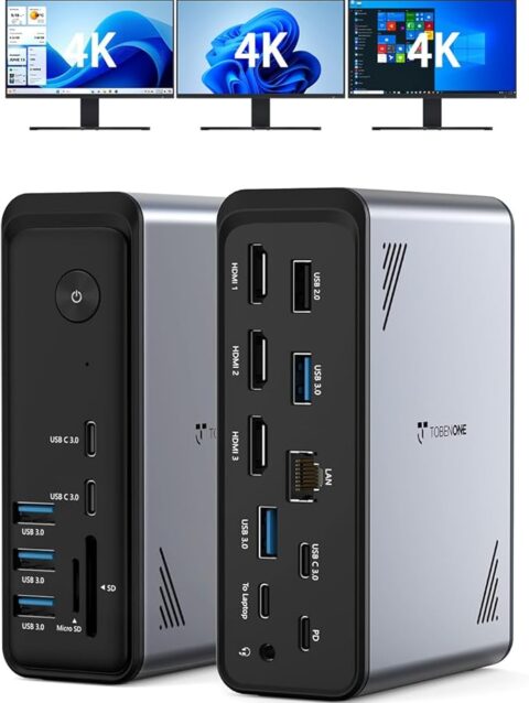 TobenONE 18 in 1 Laptop Docking Station 3 Monitors, Triple 4K Display with 3 HDMI, 9 USB Ports, RJ45, PD3.0, Audio, USB C Docking Station for Windows/Dell/Lenovo/HP/Thinkpad Laptops (No Power Adapter)