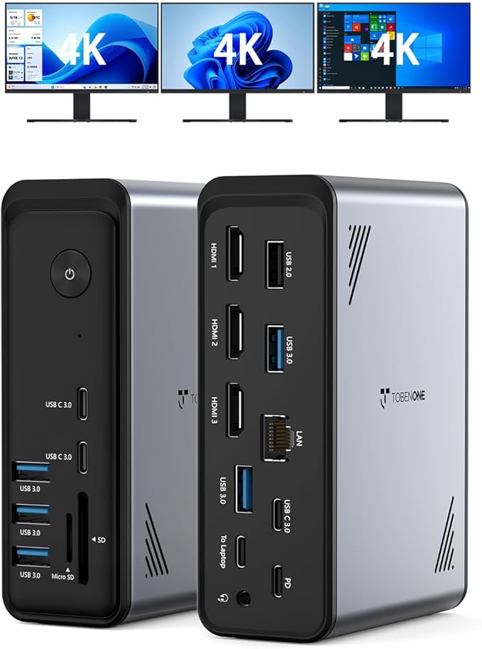 TobenONE 18 in 1 Laptop Docking Station 3 Monitors, Triple 4K Display with 3 HDMI, 9 USB Ports, RJ45, PD3.0, Audio, USB C Docking Station for Windows/Dell/Lenovo/HP/Thinkpad Laptops (No Power Adapter)