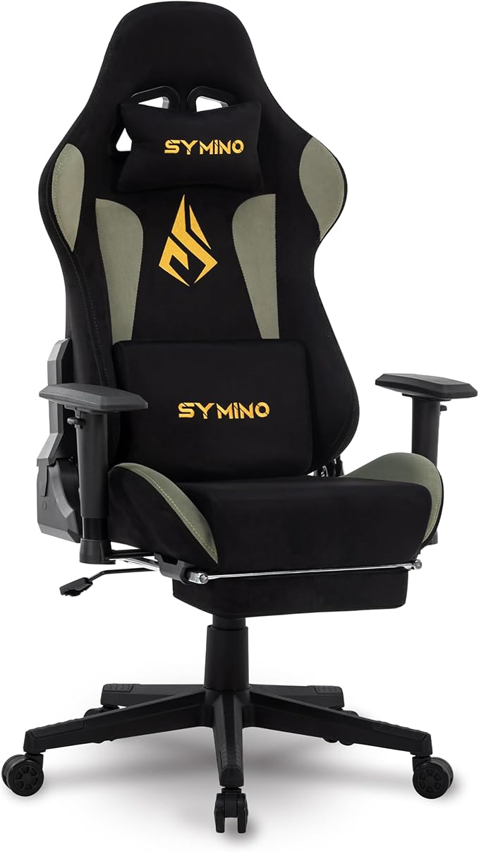 Symino Gaming Chair with Footrest, Computer Chair for Teens with Headrest and Lumbar Support, Ergonomic PC Chair, Height Adjustable Rotating Task Chairs, Black Green