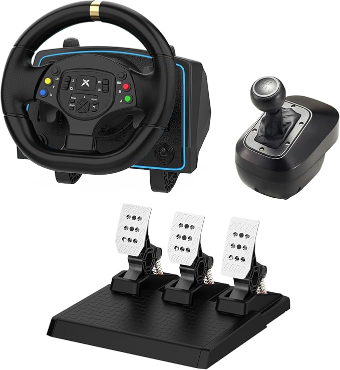 NBCP Gaming Steering Wheel with Hall Effect Metal Pedal and 6-Speed H-Pattern Shifter-1080° Racing Wheel,Dual Vibration,Paddle Shifters,Steering Wheel for PC,PS4,Xbox One,PS3, Xbox Series X/S,Switch