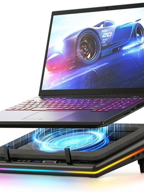 llano RGB Laptop Cooling Pad with Powerful Turbofan Gaming Cooler Radiator with Infinitely Variable Speed, Touch Control, LCD Screen, 3-Port USB Hub, Seal Foam for Notebook Computer 15-19in