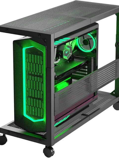 Moricher Computer Tower Stand - Height Adjustable 2-Tier ATX-Case PC Stand Printer Rack Pegboard with Rolling Wheels & Mousepad for Home Office Gaming Accessories