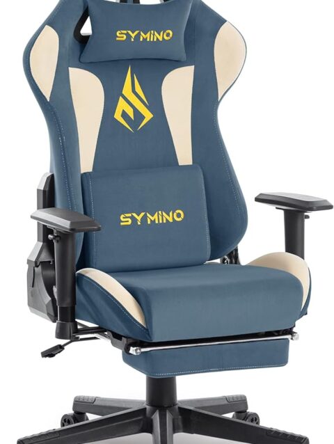 Symino Gaming Chair with Footrest, Computer Chair for Teens with Headrest and Lumbar Support, Ergonomic PC Chair, Height Adjustable Rotating Task Chairs, Blue Beige