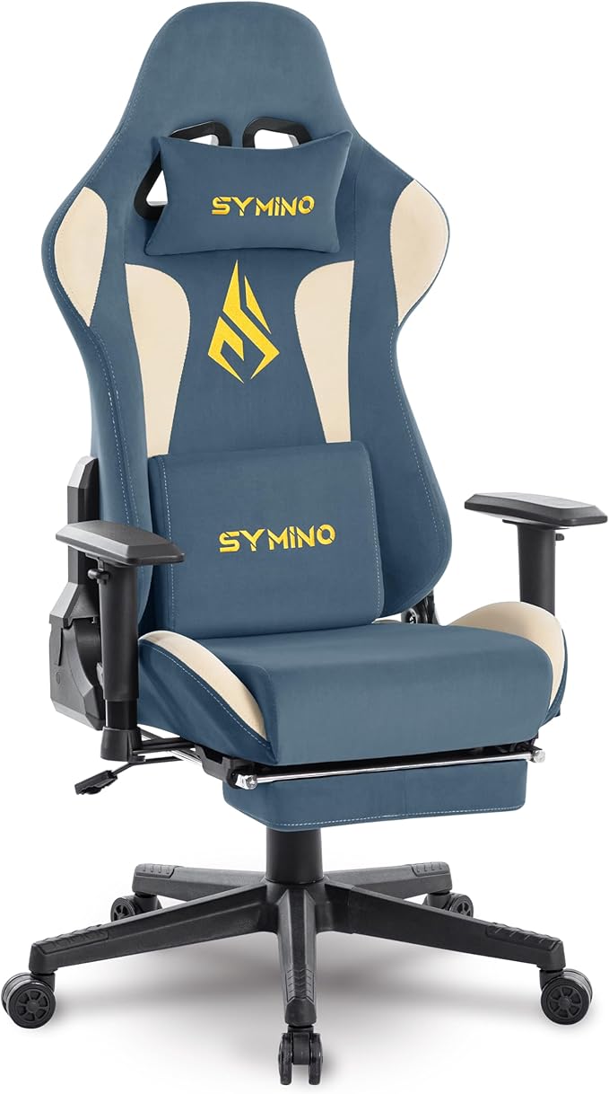 Symino Gaming Chair with Footrest, Computer Chair for Teens with Headrest and Lumbar Support, Ergonomic PC Chair, Height Adjustable Rotating Task Chairs, Blue Beige