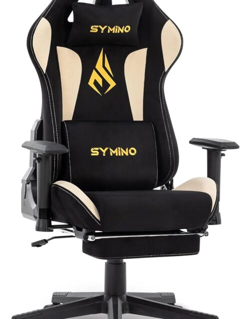 Symino Gaming Chair with Footrest, Computer Chair for Teens with Headrest and Lumbar Support, Ergonomic PC Chair, Height Adjustable Rotating Task Chairs, Black Beige