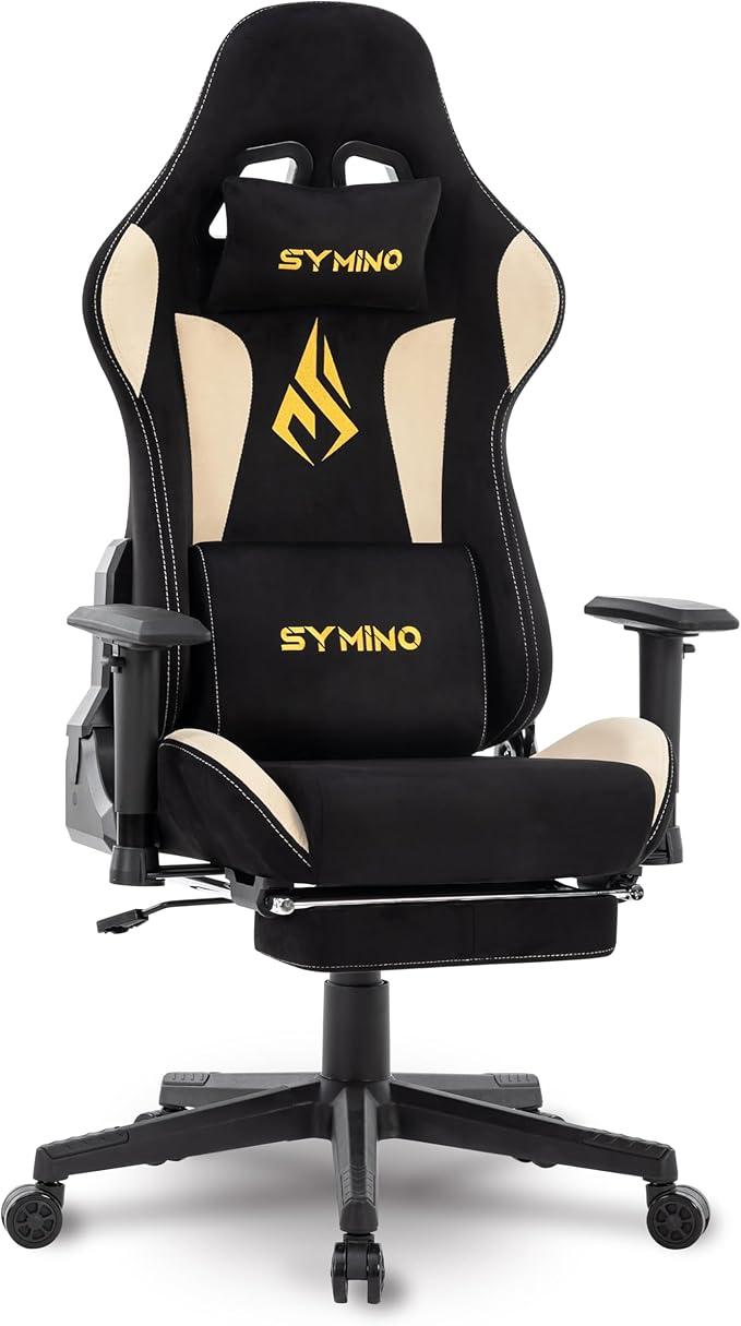Symino Gaming Chair with Footrest, Computer Chair for Teens with Headrest and Lumbar Support, Ergonomic PC Chair, Height Adjustable Rotating Task Chairs, Black Beige