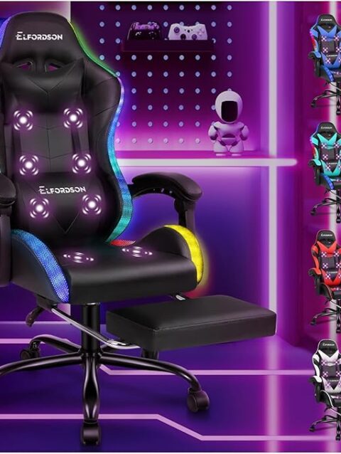ELFORDSON LED Gaming Chair with 8-Point Massage, Ergonomic Computer Office Chairs with Headrest, Lumbar Cushion, Footrest, RGB Light, High Back 150° Reclining, 360° Swivel, PU Leather, Black