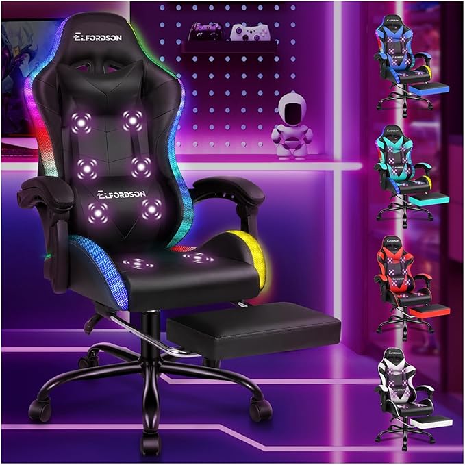 ELFORDSON LED Gaming Chair with 8-Point Massage, Ergonomic Computer Office Chairs with Headrest, Lumbar Cushion, Footrest, RGB Light, High Back 150ยฐ Reclining, 360ยฐ Swivel, PU Leather, Black