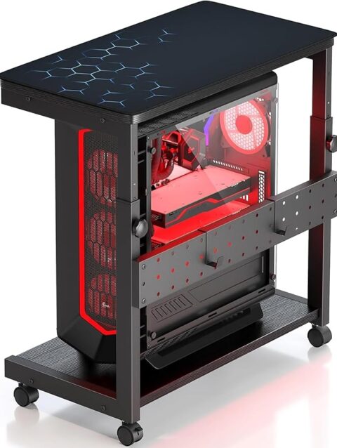 Yornoli PC Stand Height Adjustable Computer Tower Stand with Large Mouse Mat CPU Floor Stand Under Desk with Lockable Castor Wheels Sturdy PC Trolley for Gaming Desk Computer Accessories, Black
