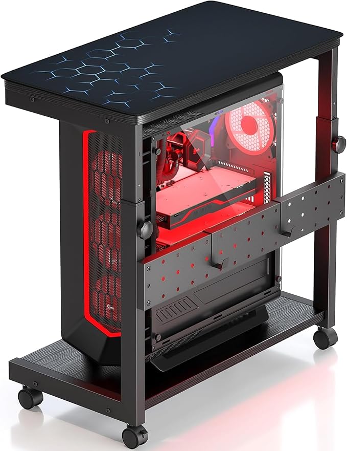 Yornoli PC Stand Height Adjustable Computer Tower Stand with Large Mouse Mat CPU Floor Stand Under Desk with Lockable Castor Wheels Sturdy PC Trolley for Gaming Desk Computer Accessories, Black